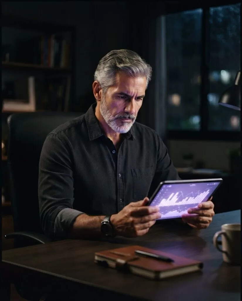 Dueño de negocio revisando gráficos de analítica web en una tablet