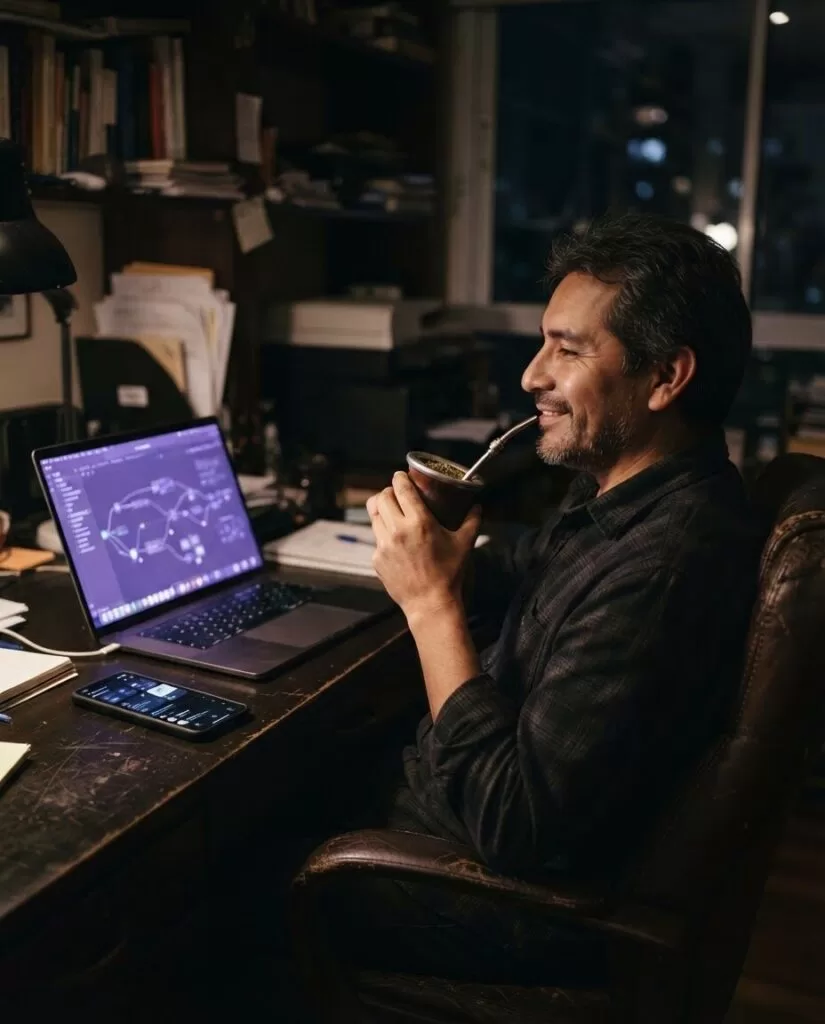 Dueño de negocio tomando mate mientras sus procesos se automatizan en la laptop