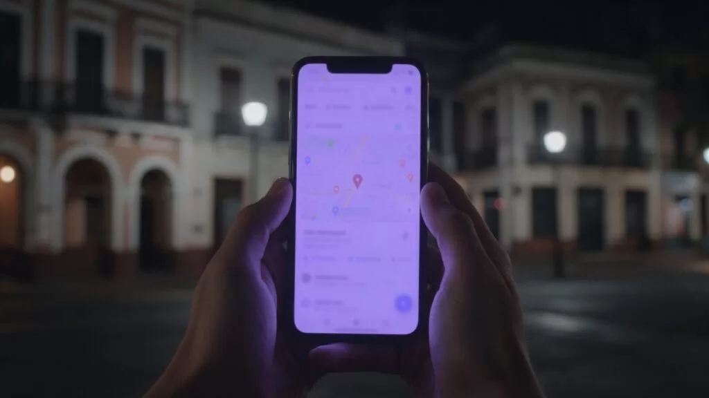 Persona buscando un negocio local en el mapa de su celular en una calle de Asunción de noche