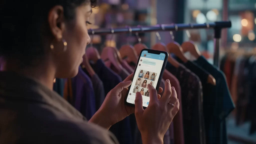Manos sosteniendo un celular con el catálogo de productos de WhatsApp Business frente a un perchero de ropa
