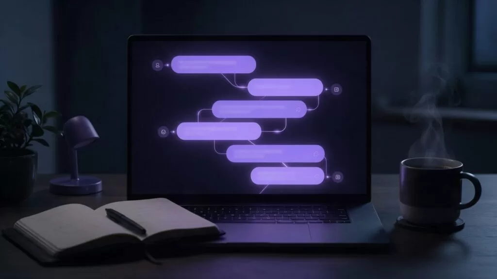 Laptop con una conversación abstracta con un asistente de inteligencia artificial sobre un escritorio de noche