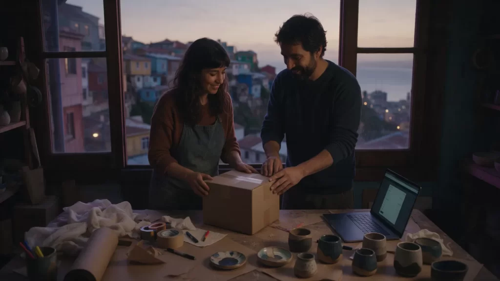 Dos emprendedores cerrando una caja de despacho en su taller, con productos de cerámica sobre la mesa