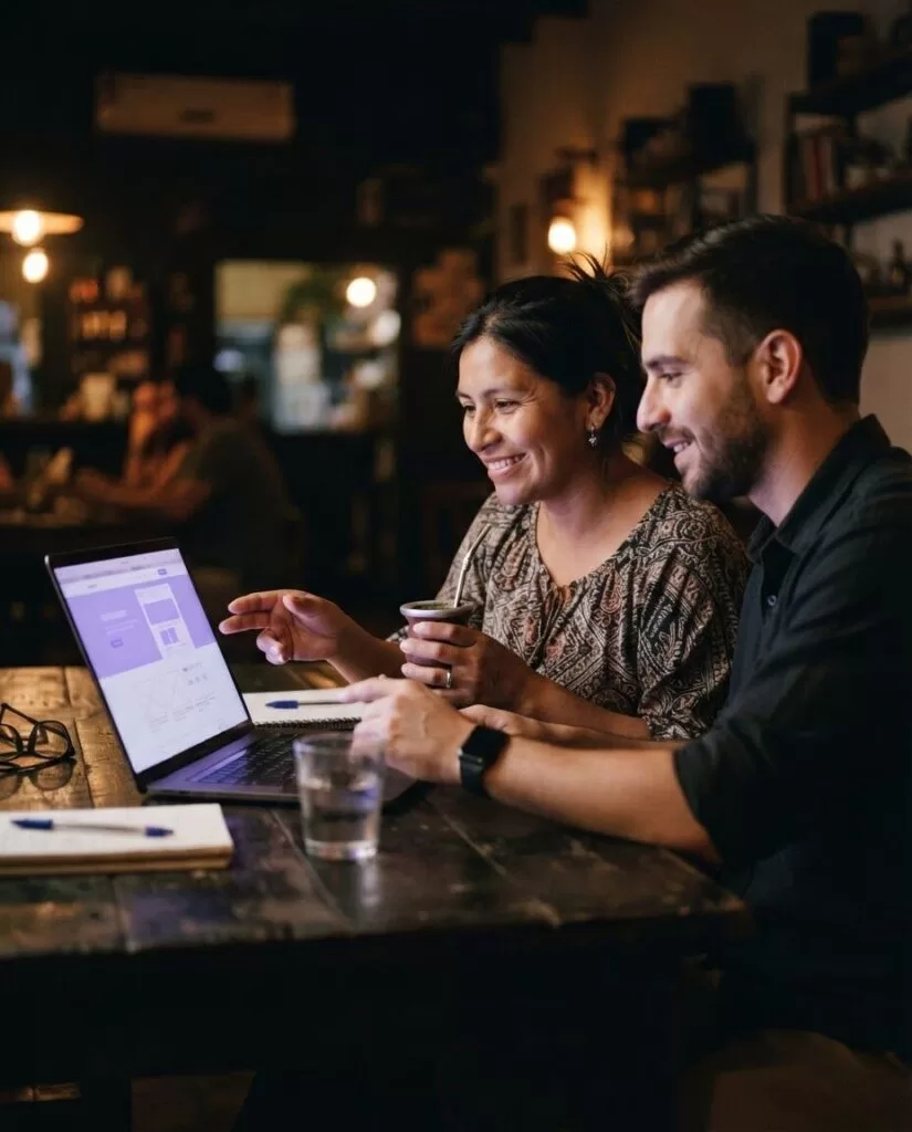 Estratega web revisando el diseño de la página web de una clienta en una laptop