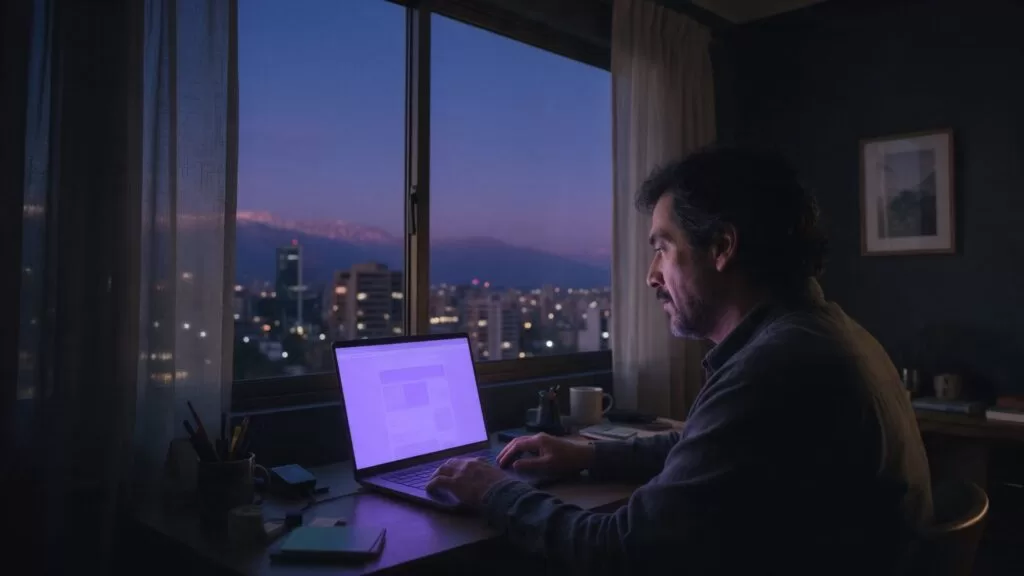 Empresario trabajando en su laptop frente a la vista de Santiago de Chile y la cordillera al atardecer