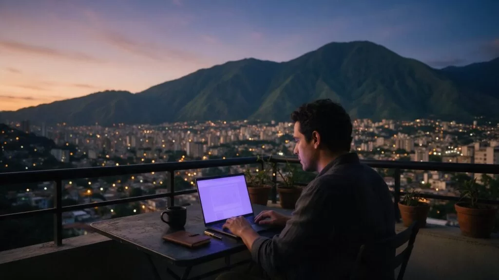 Emprendedor trabajando en su laptop en un balcón de Caracas con el Ávila al fondo