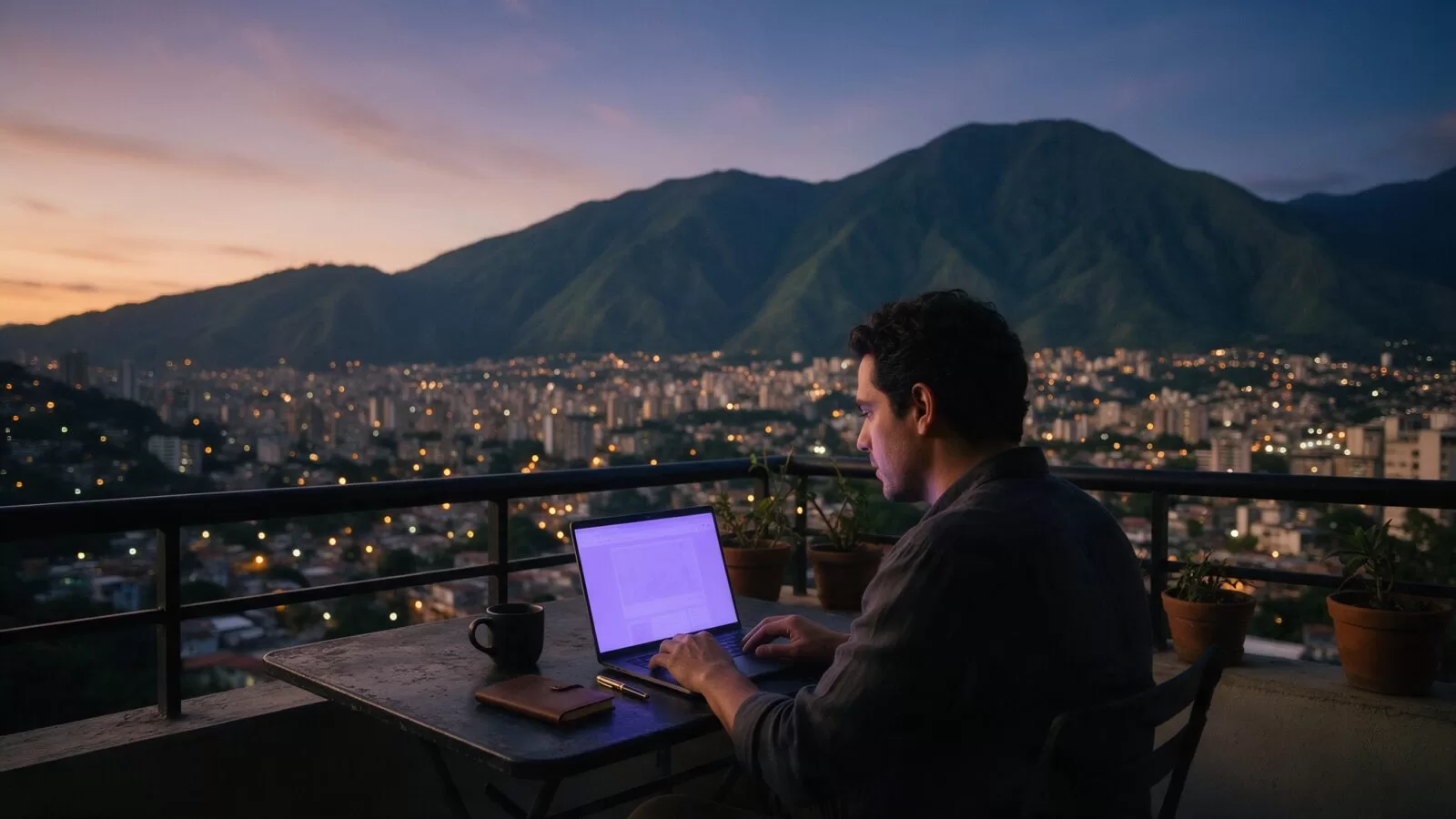 Emprendedor trabajando en su laptop en un balcón de Caracas con el Ávila al fondo