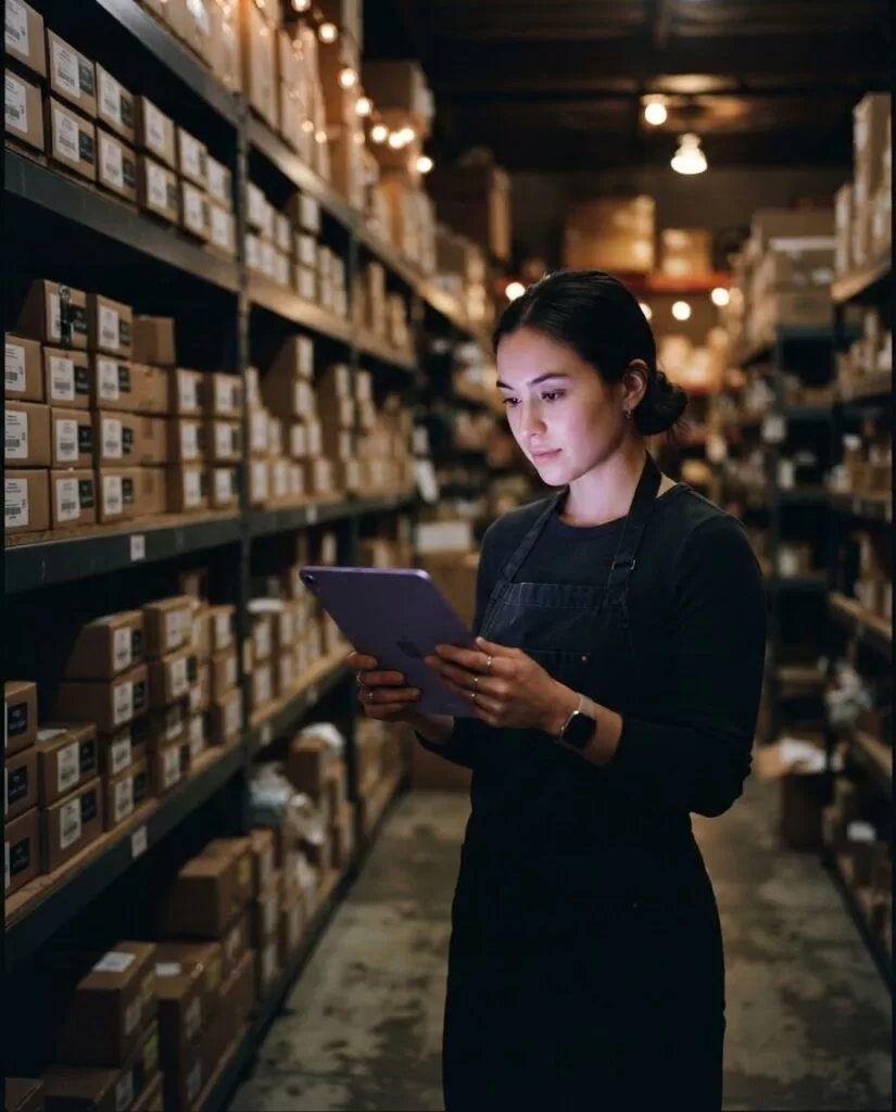 Encargado revisando pedidos en una tablet en el depósito de una tienda online
