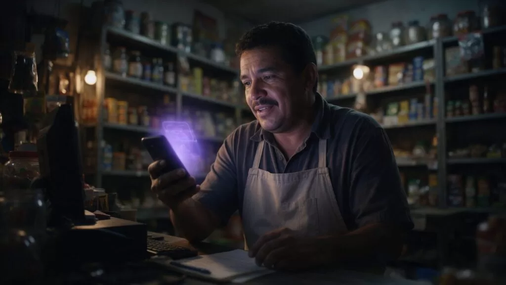 Comerciante consultando a un asistente de inteligencia artificial en su celular dentro de su tienda