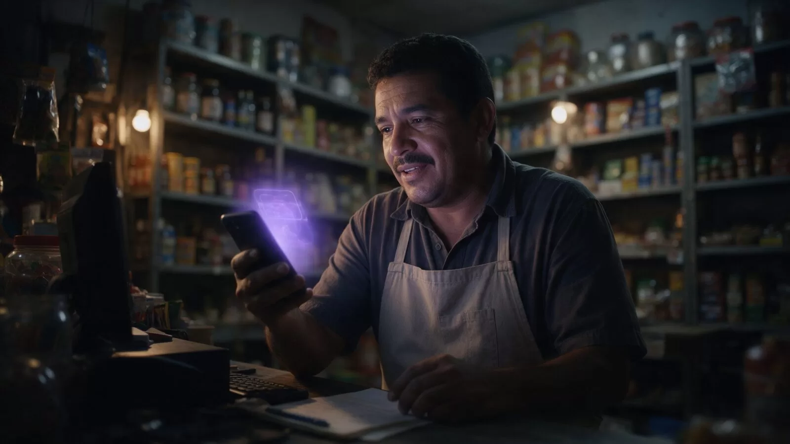Comerciante consultando a un asistente de inteligencia artificial en su celular dentro de su tienda
