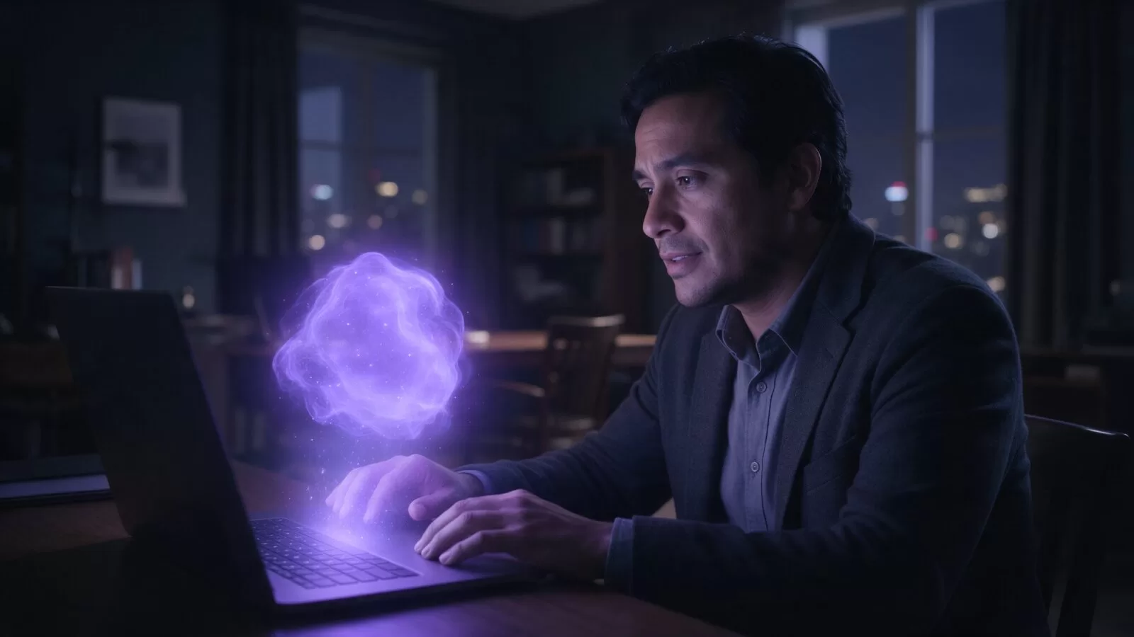 Empresario consultando a un asistente de inteligencia artificial en su laptop por la noche