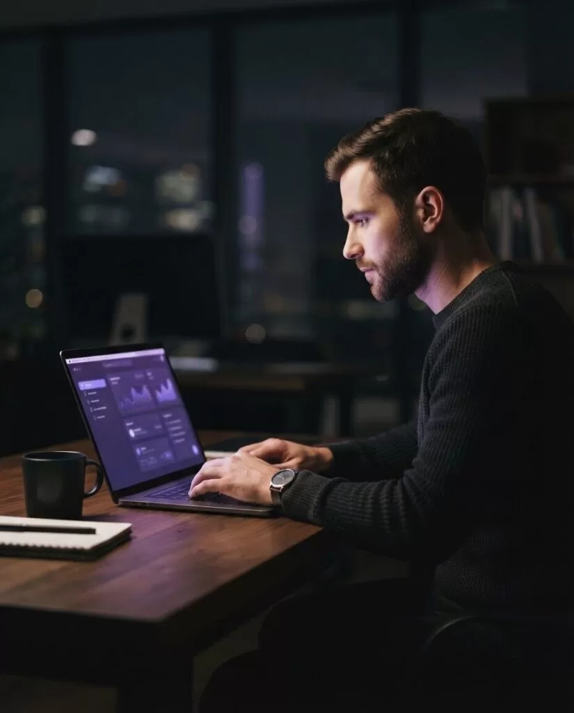 Especialista web revisando el mantenimiento de un sitio en su laptop por la noche