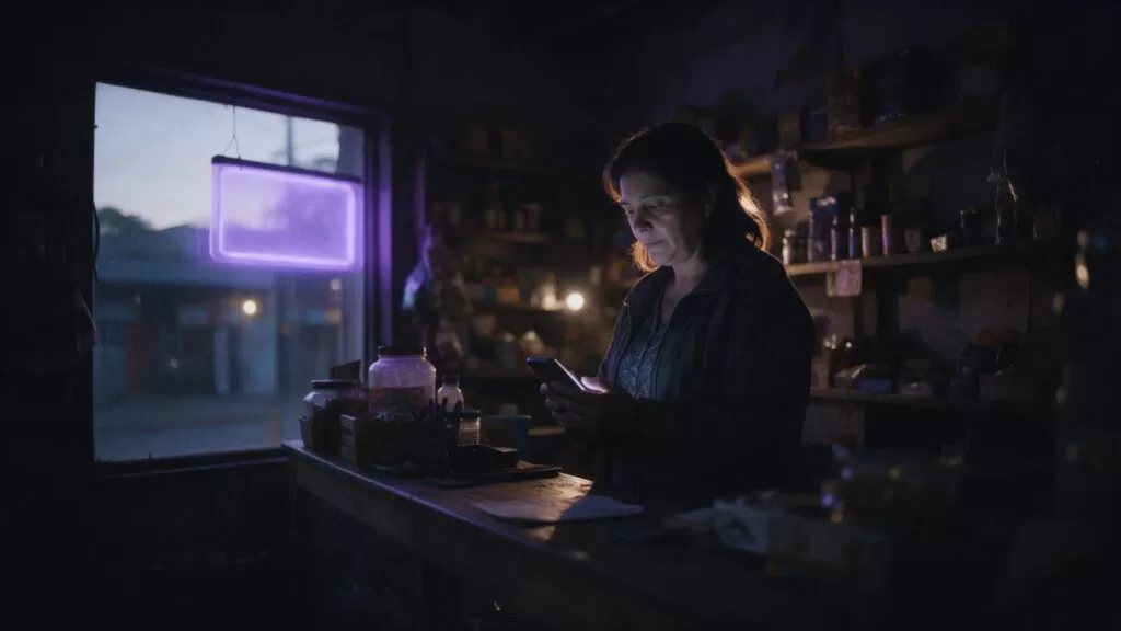 Dueña de un comercio en Asunción revisando su celular detrás del mostrador al atardecer