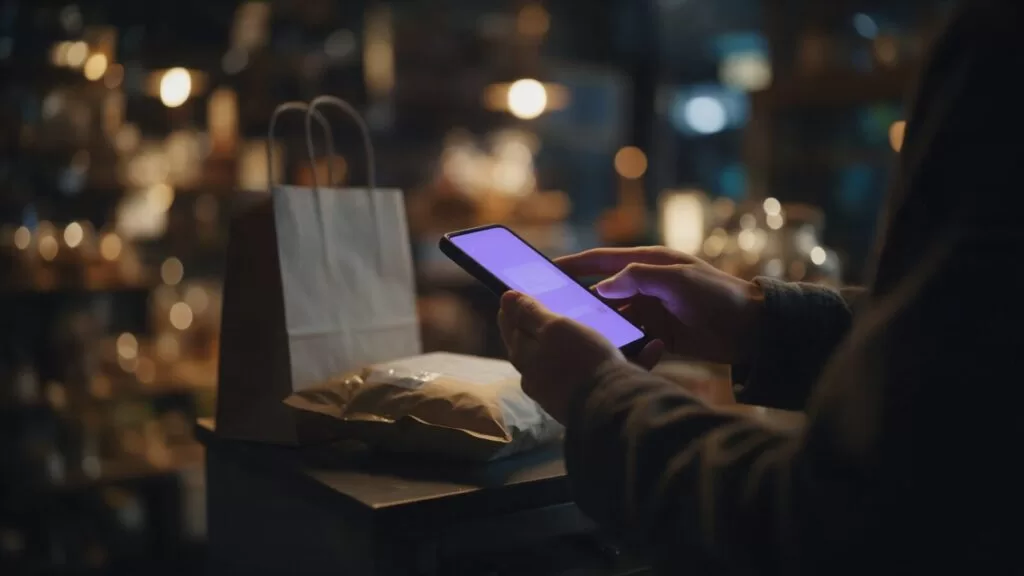 Cliente pagando una compra online desde su celular junto a un paquete listo para despacho