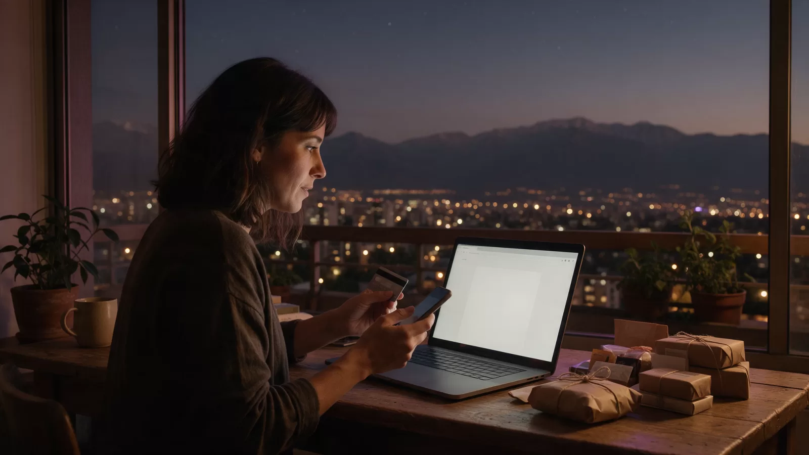 Emprendedora chilena revisando el pago de su tienda online en el notebook, con paquetes listos para despachar y la cordillera de Santiago al fondo