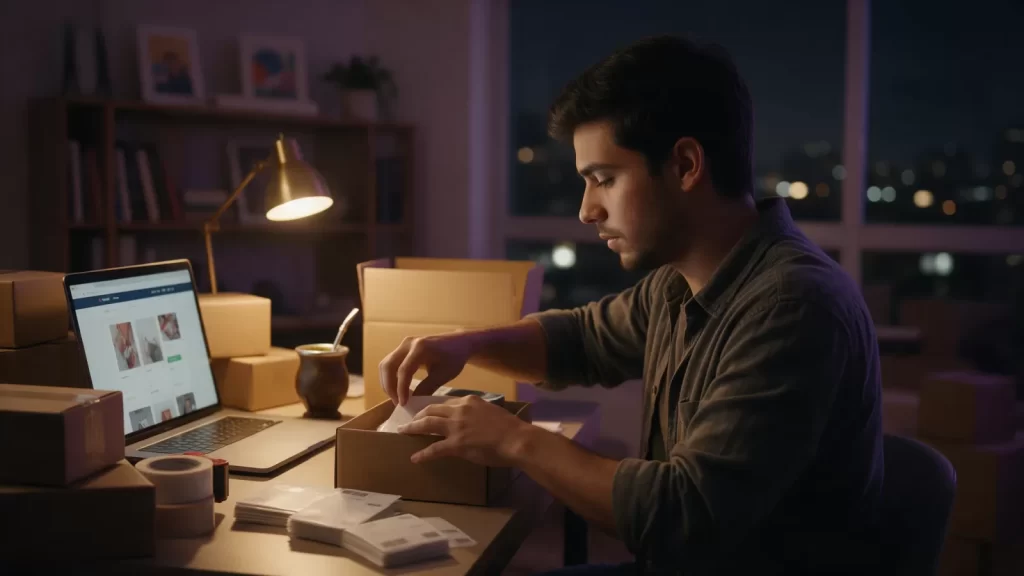 Joven empaquetando un pedido en cajas de cartón junto a su notebook con la tienda online abierta