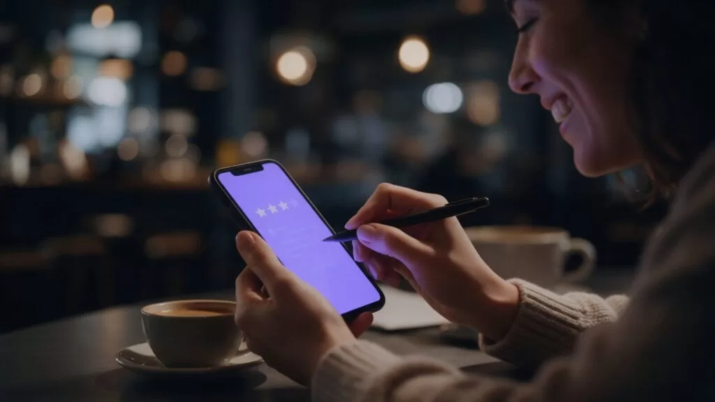 Clienta escribiendo una reseña de cinco estrellas en su celular en un café