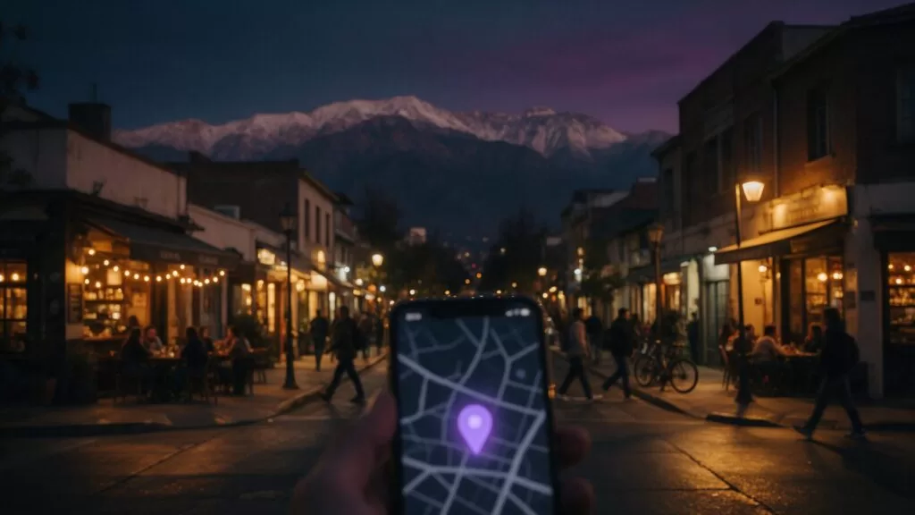 Mano con un celular mostrando un mapa en una calle de Santiago de Chile con la cordillera al fondo