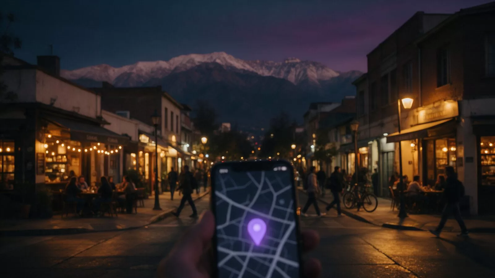 Mano con un celular mostrando un mapa en una calle de Santiago de Chile con la cordillera al fondo