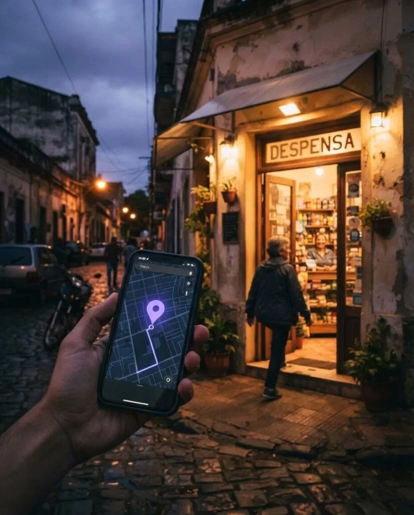 Cliente entrando a un comercio local mientras alguien sigue el mapa en su celular
