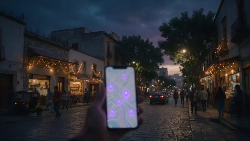 Mano sosteniendo un celular con un mapa y varios negocios marcados en una calle al atardecer