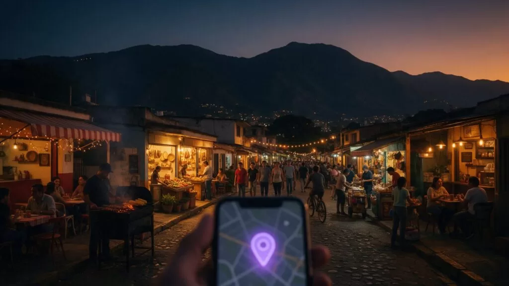 Mano con un celular mostrando un mapa en una calle comercial de Caracas con el Ávila al fondo