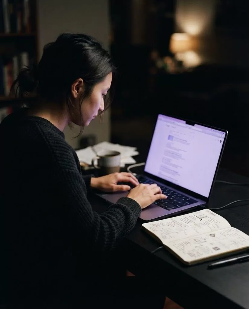 Persona investigando búsquedas en Google con su laptop por la noche