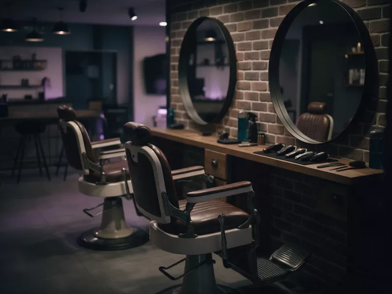 Barbería con sillones y espejos redondos, preparada para recibir citas reservadas online