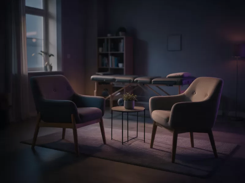 Consultorio de psicología y kinesiología con sillones y camilla para sesiones con reserva online