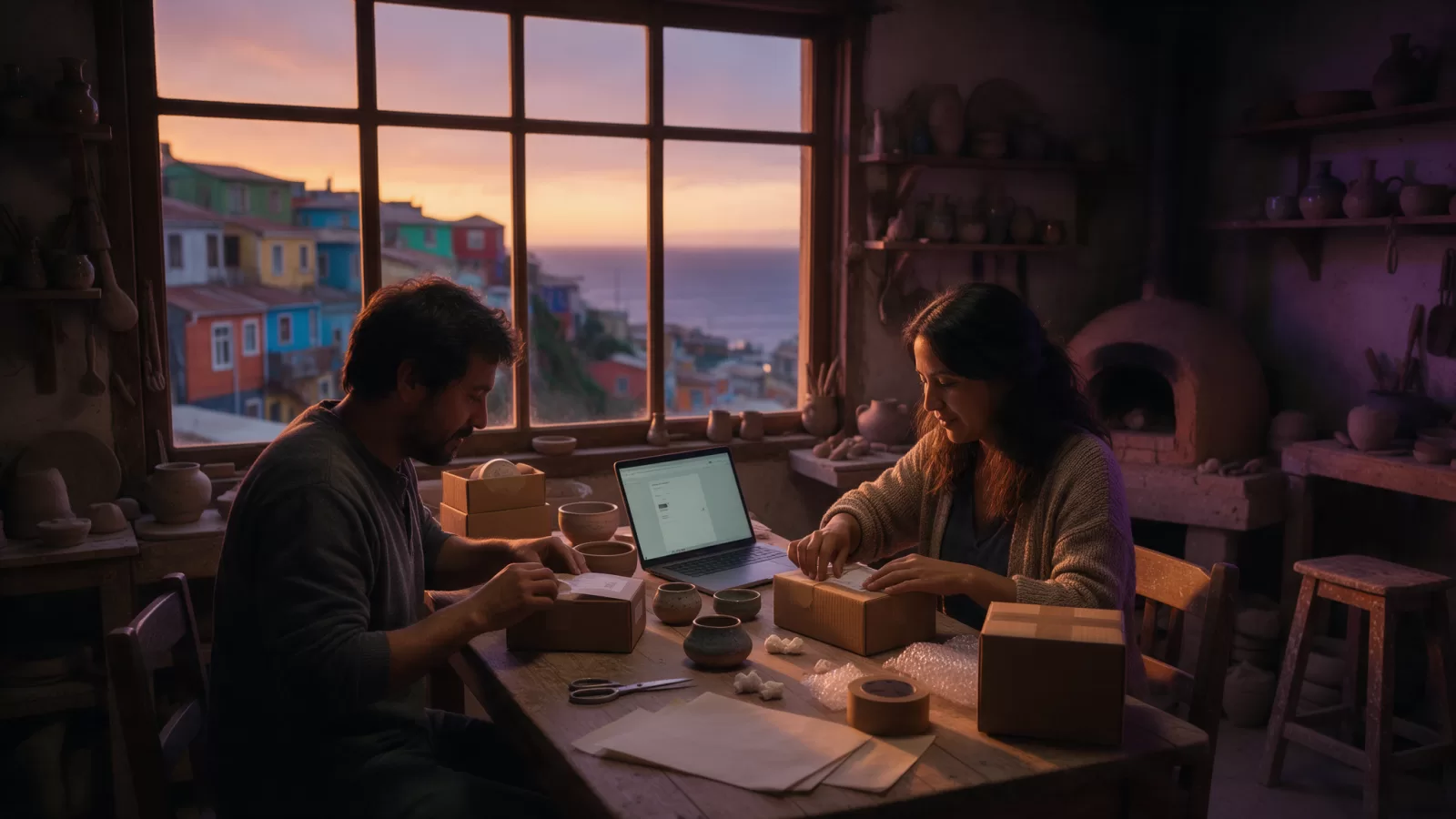 Pareja de artesanos en Valparaíso preparando pedidos de su tienda online junto a la ventana con los cerros de colores al fondo