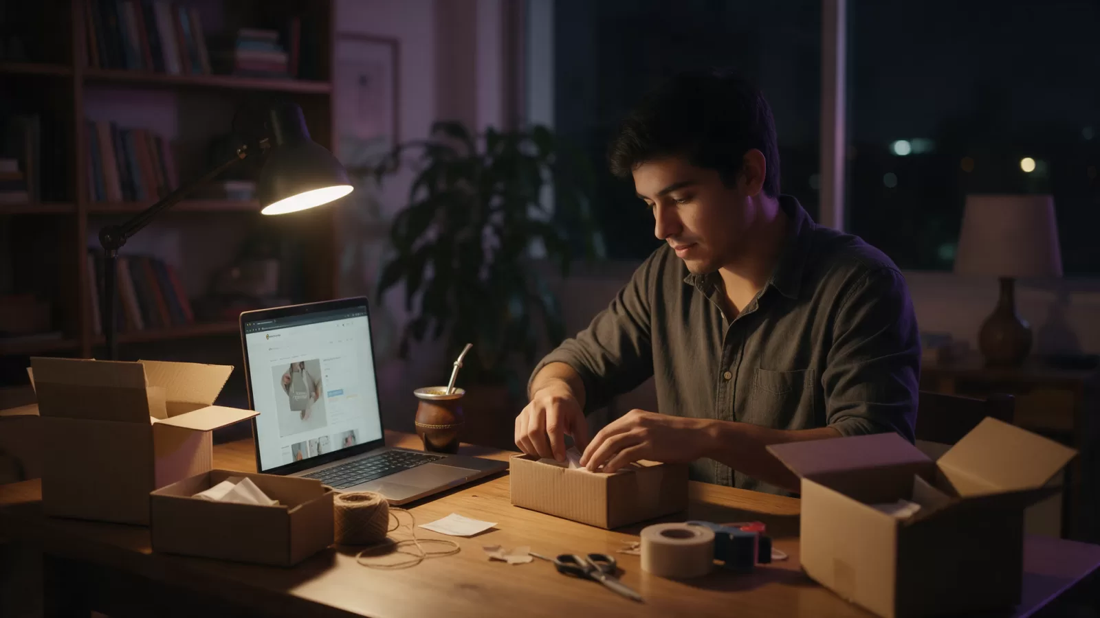 Emprendedor paraguayo preparando pedidos de su tienda online en Asunción, con su guampa de tereré sobre la mesa
