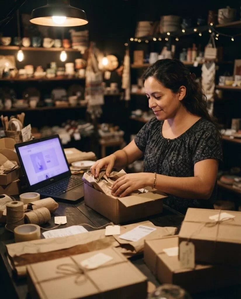 Emprendedora empaquetando pedidos de su tienda online junto a su laptop