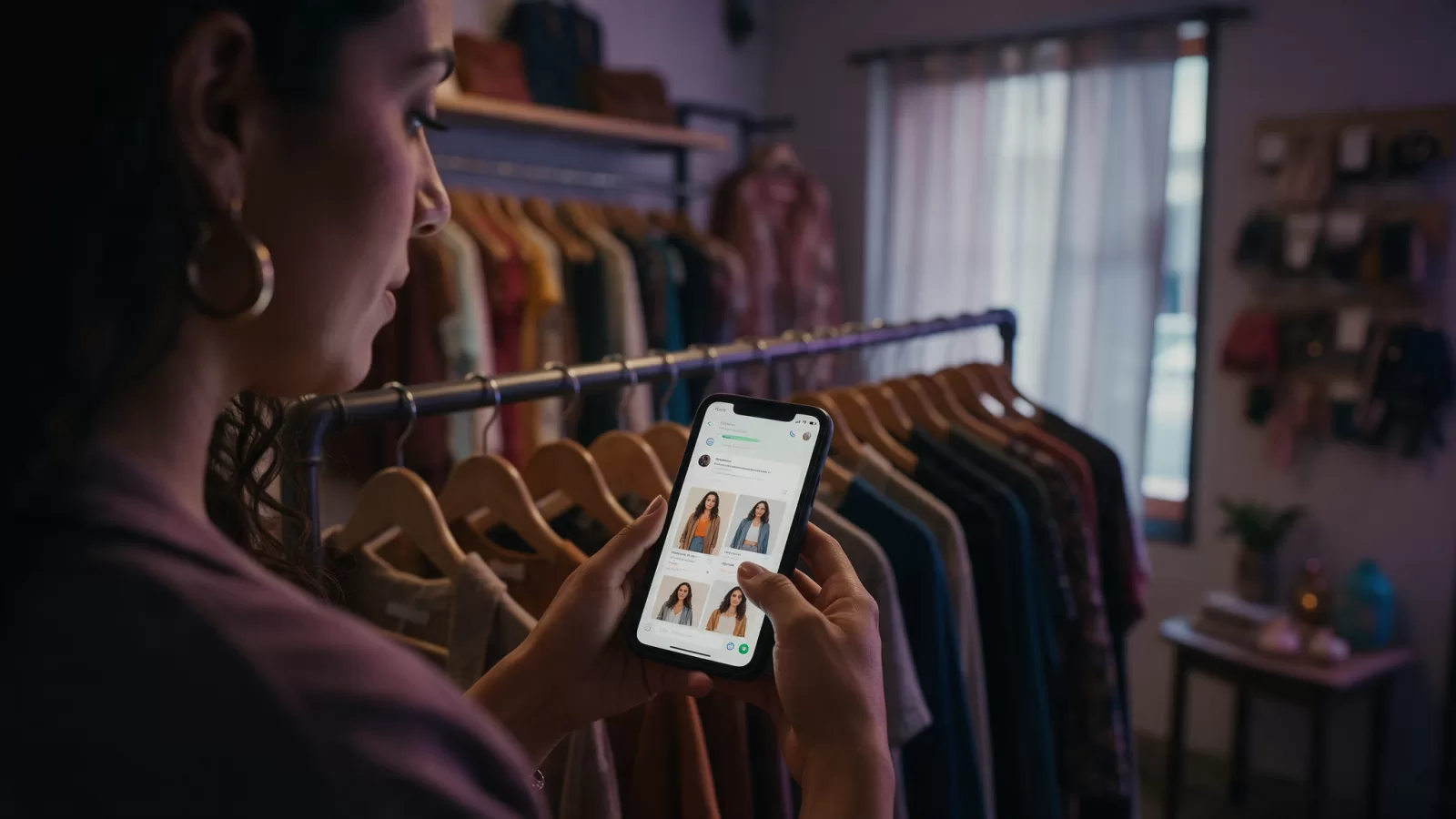 Dueña de una boutique respondiendo mensajes de clientes en WhatsApp con el catálogo de productos en su celular